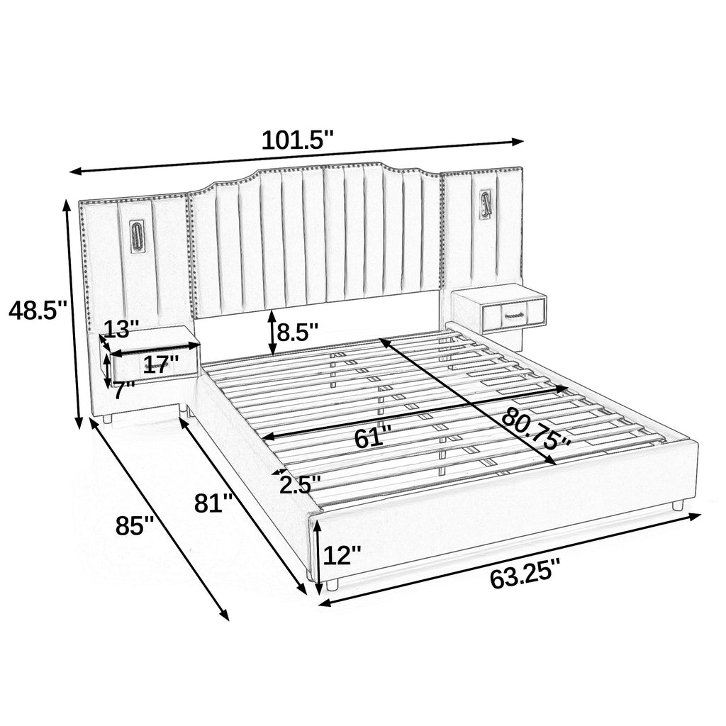 Dimensions diagram of queen upholstered bed frame velvet with storage, showing headboard height, bed width, and drawer measurements.