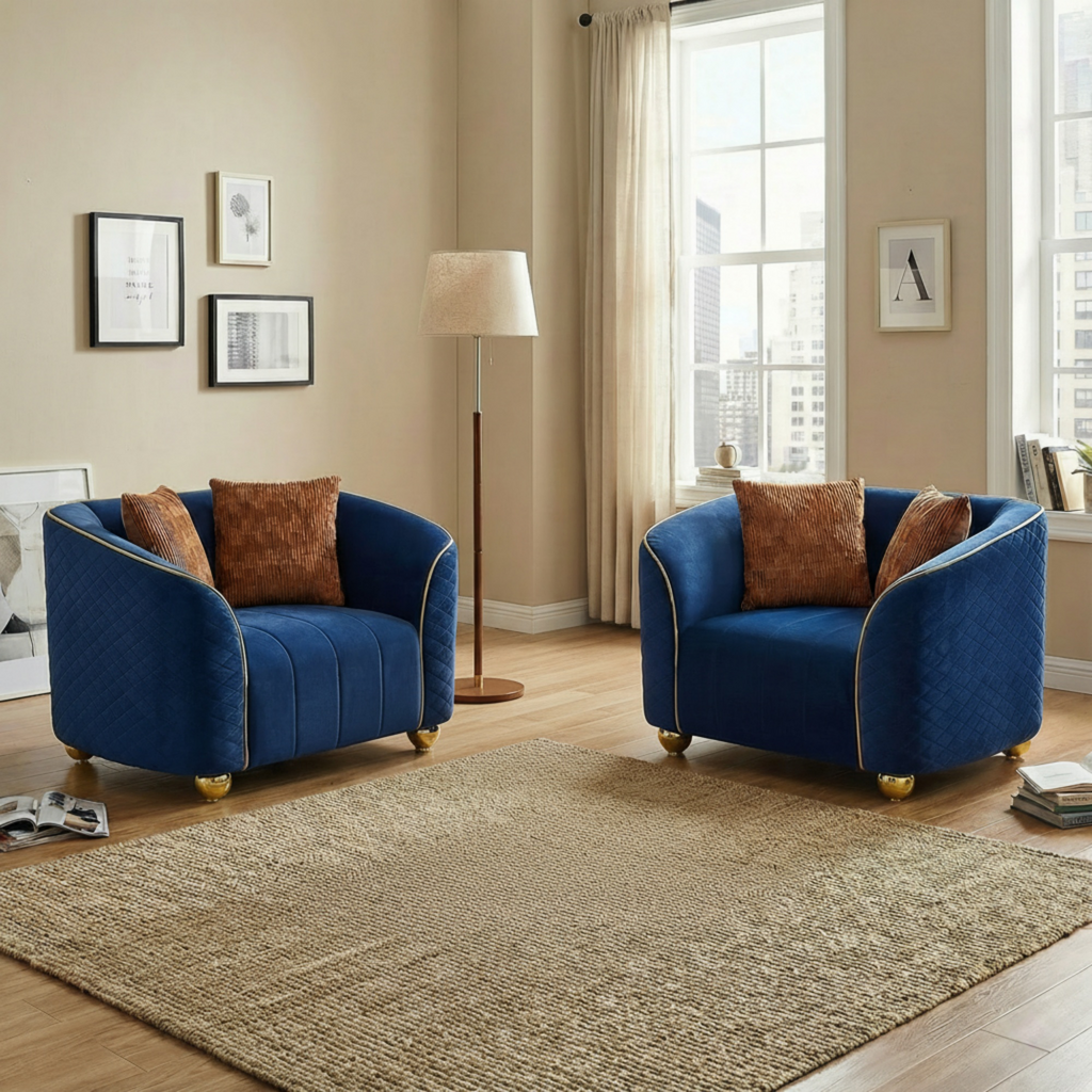 FX-P55-1S-RB1-2PCS Luxurious Quilted Blue Armchair.