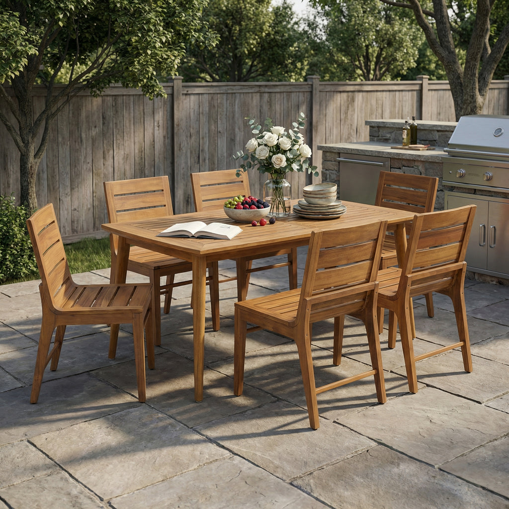7-Piece Teak Finish Acacia Wood Rectangular Outdoor Dining Set