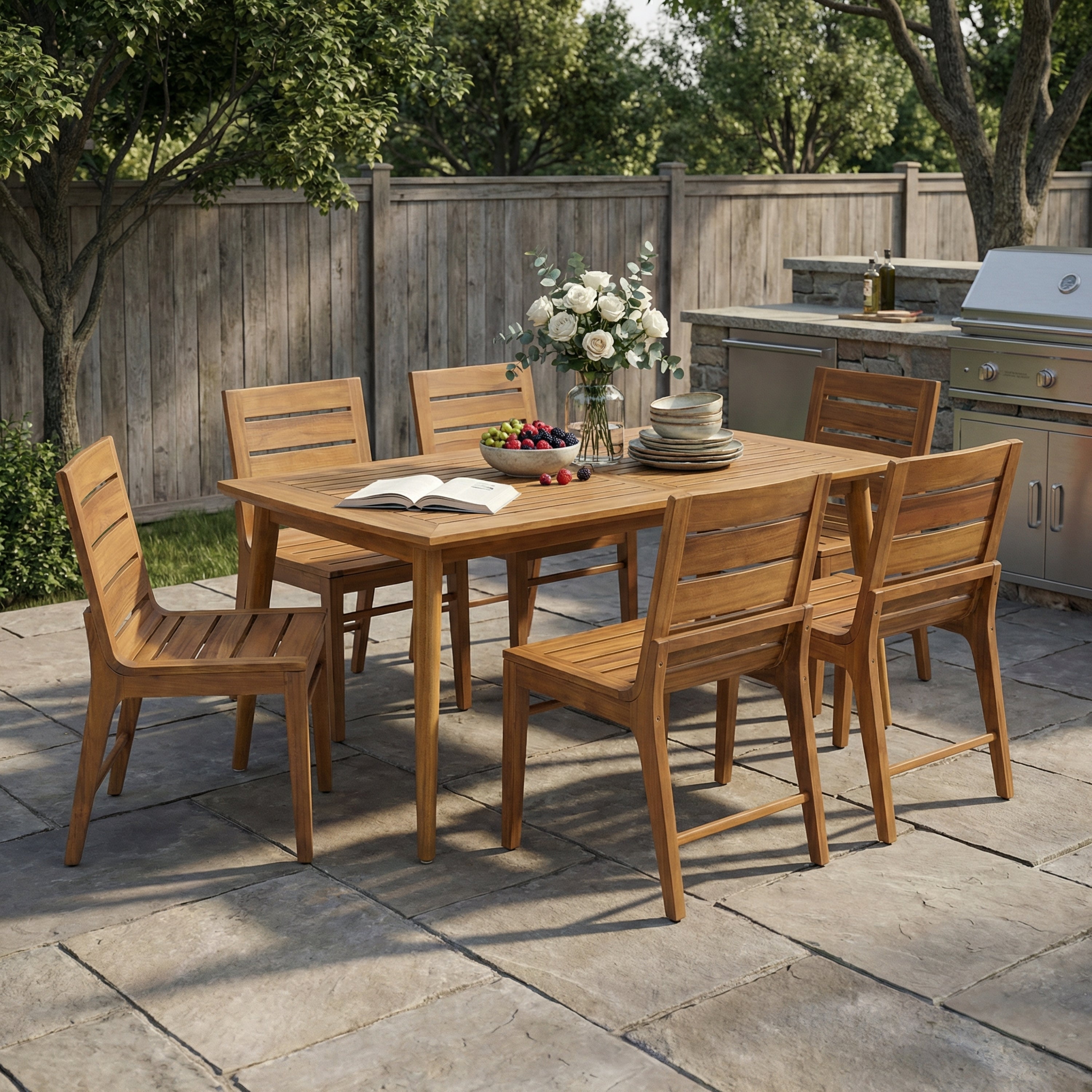 7-Piece Teak Finish Acacia Wood Rectangular Outdoor Dining Set