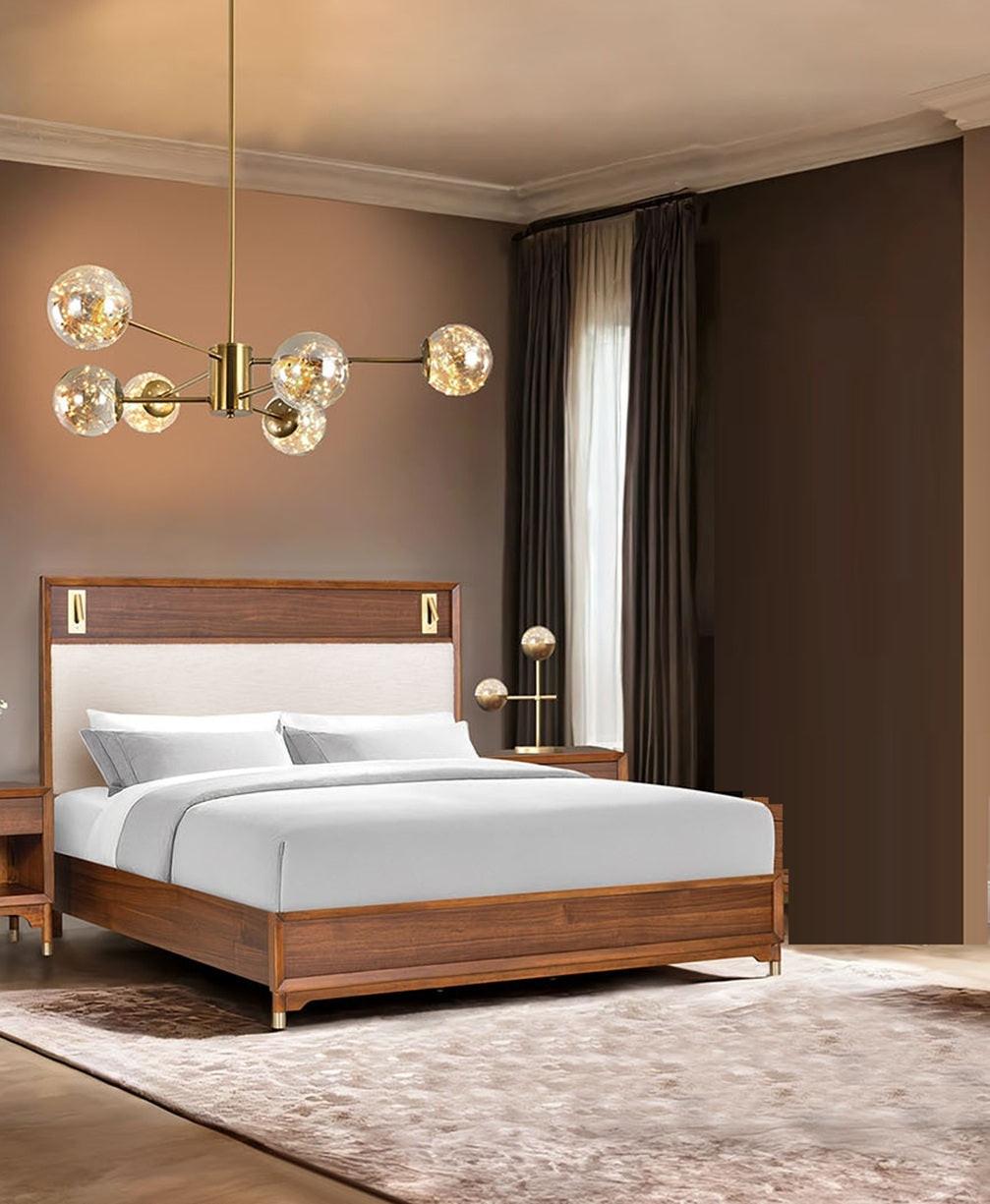 Mid-Century Modern King Size Bed with Upholstered Headboard.