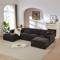 Chenille Cloud Sofa - Modern Comfort sectional in dark gray with a woman lounging, ideal for stylish living rooms or apartments.