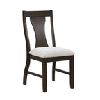 Angled view of Espresso Finish Chair with curved slat back and soft upholstered seat, ideal for modern dining spaces.