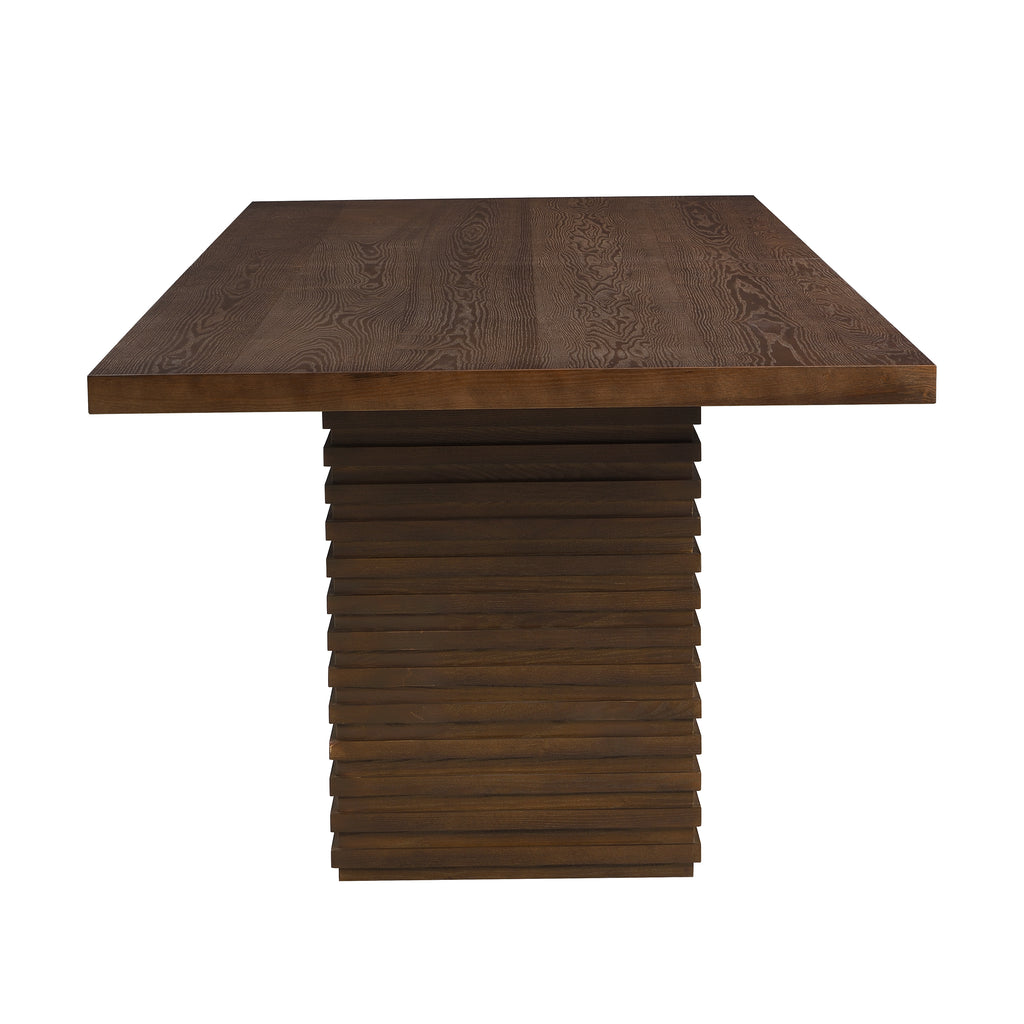 Walnut Dining Table 95 Inch - Solid Wood | Seats 8, end view showcasing thick tabletop and stacked wood pedestal design.