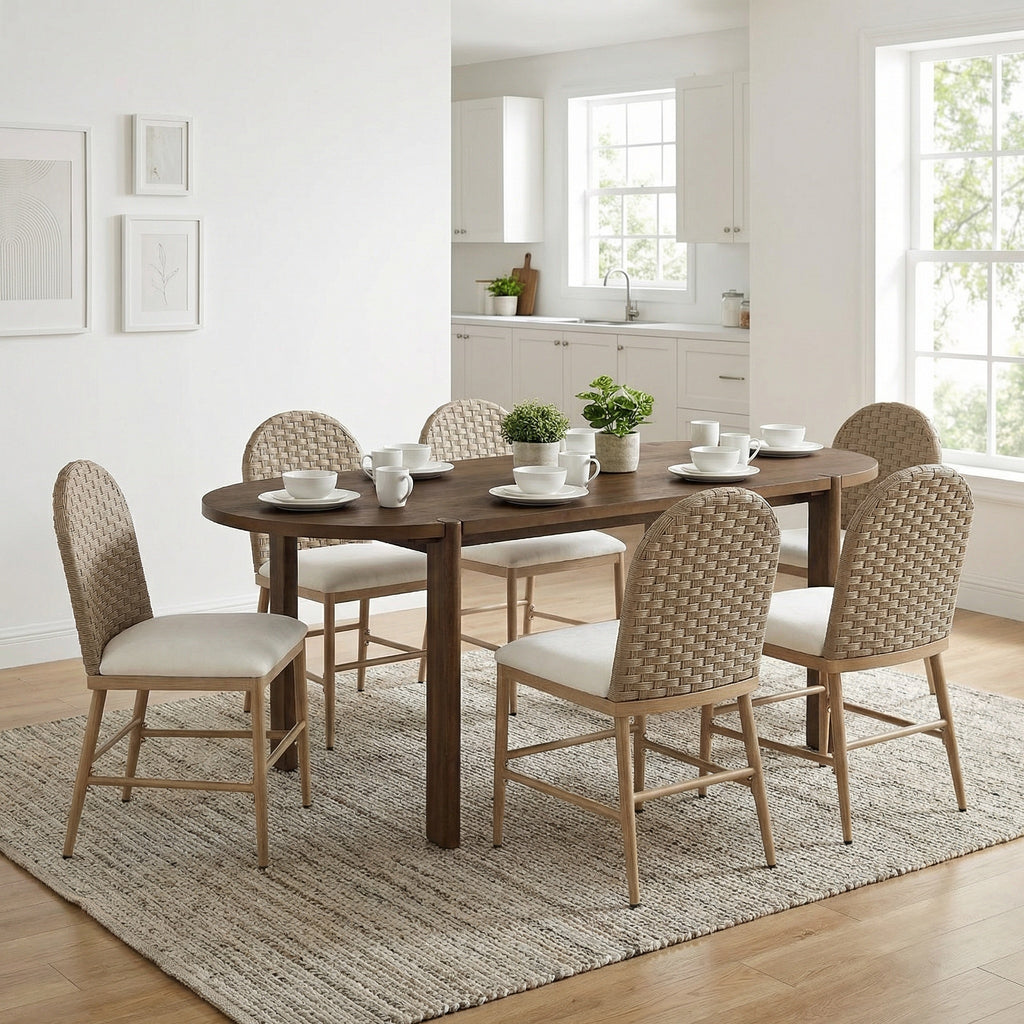 7-Piece Oval Solid Wood Dining Set in Walnut with Brown Chairs