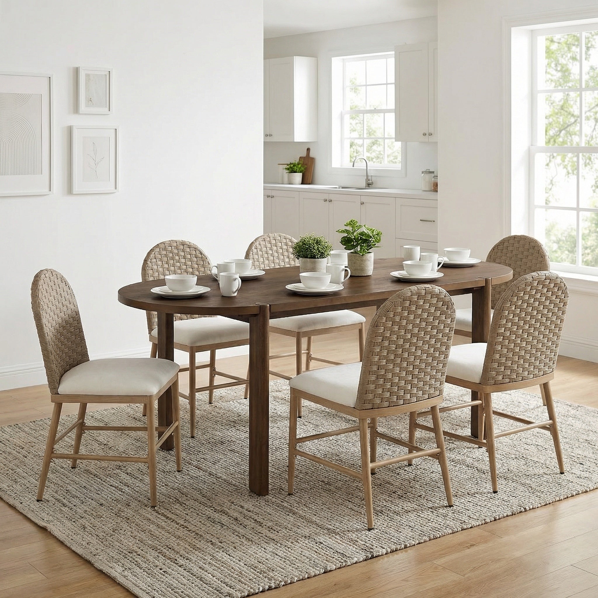 7-Piece Oval Solid Wood Dining Set in Walnut with Brown Chairs