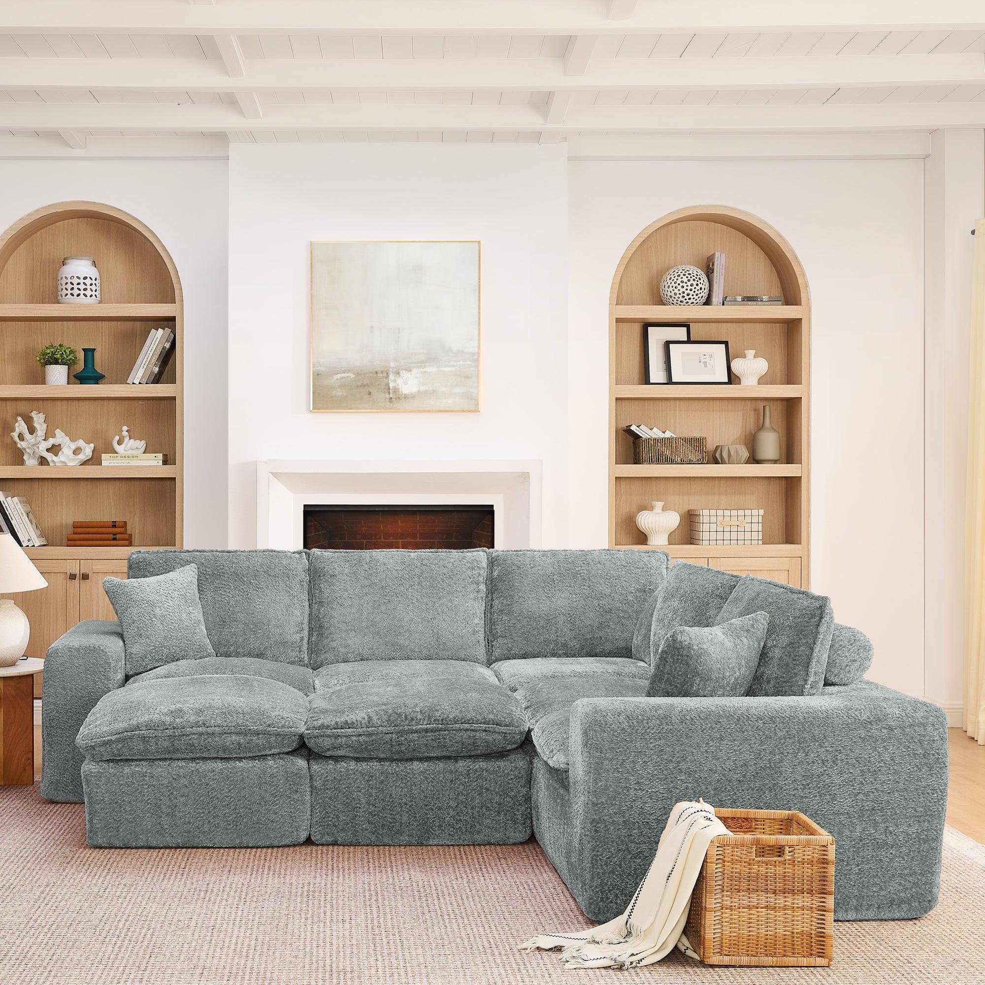 L-shaped Boucle Sectional Sofa with Moveable Ottomans.