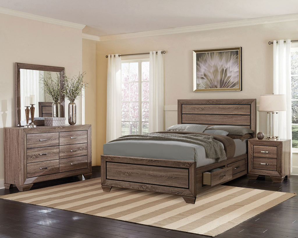 California king bedroom set in copper-washed taupe wood featuring a storage bed, dresser with mirror, and nightstand.