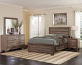 California king bedroom set in copper-washed taupe wood featuring a storage bed, dresser with mirror, and nightstand.