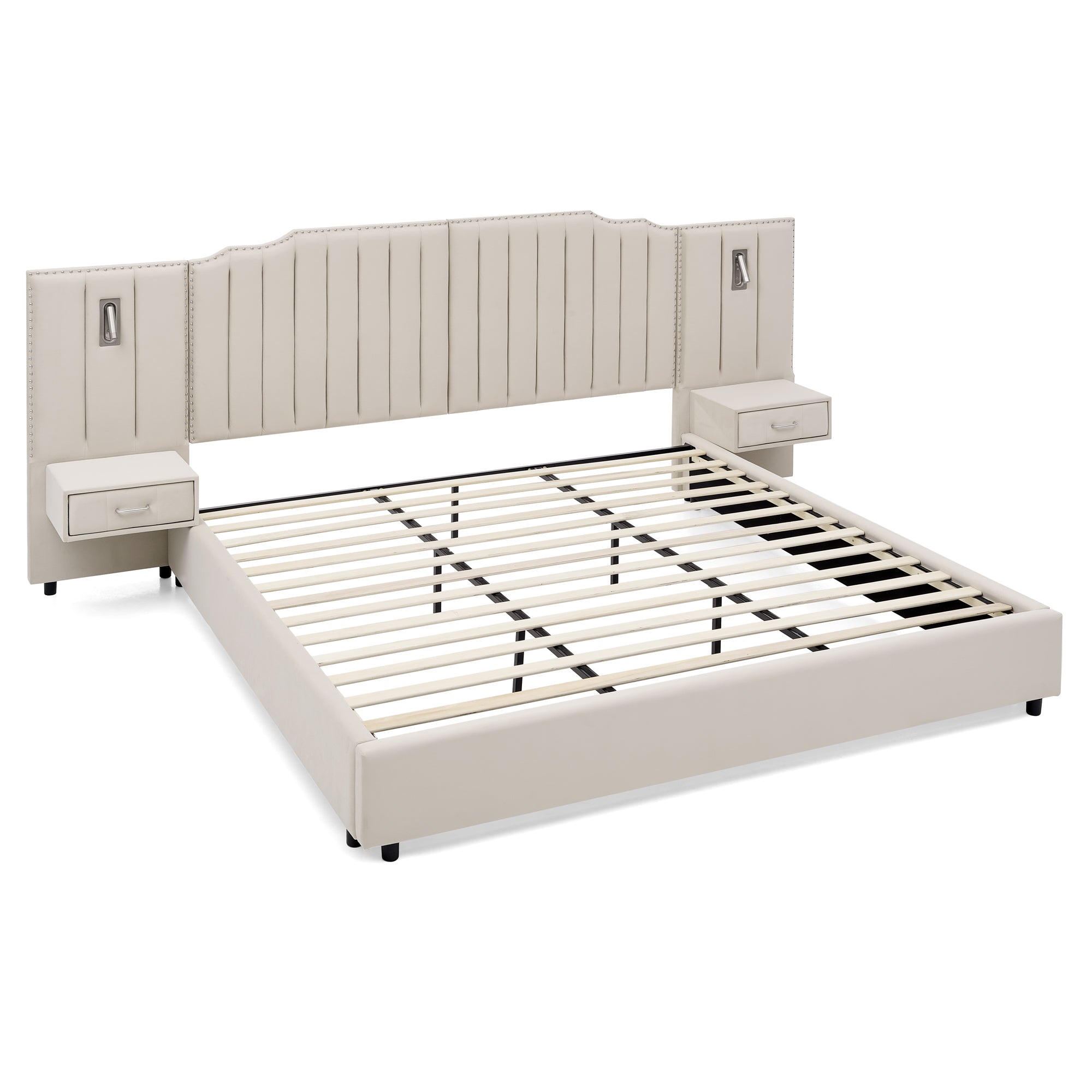 King Upholstered Bed Frame with vertical stripe headboard, built-in nightstands, and no box spring design. Solid frame in beige finish for modern bedrooms.