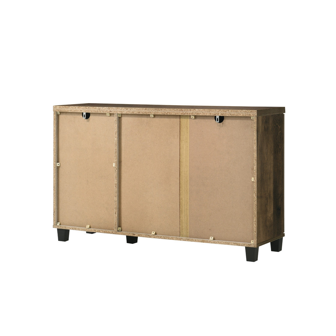 Back view of Dark Oak Shoe Cabinet - 45'W 3-Door showing particle board construction and wall-mounting hardware compatibility.