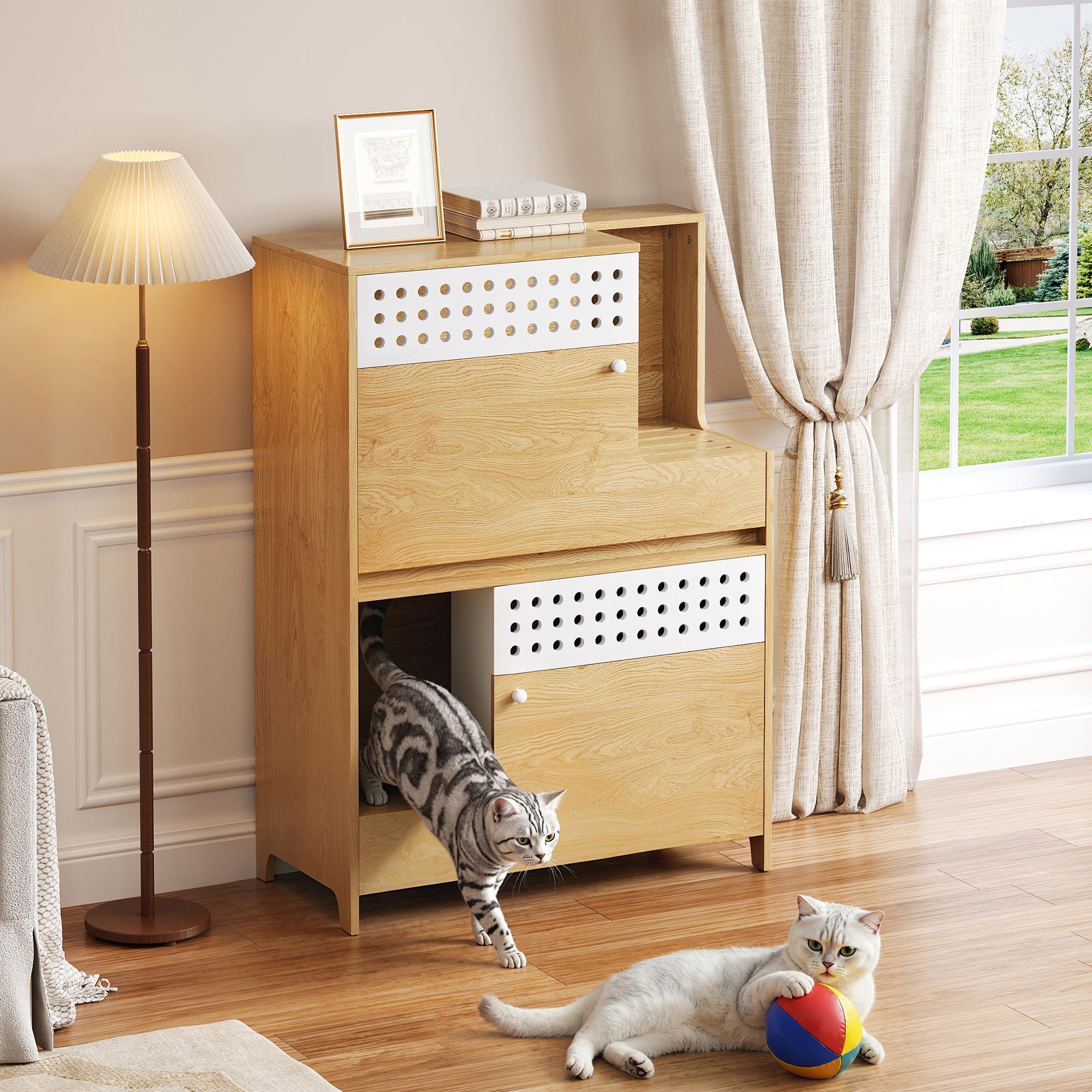 Natural Wood Cat Litter Box Enclosure Side Table with Storage
