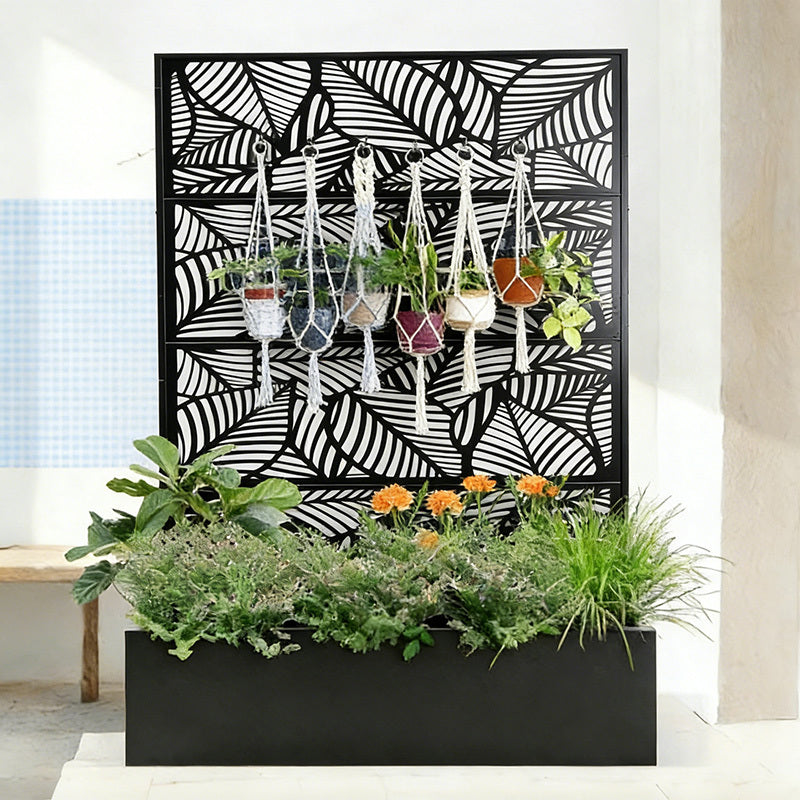 71-Inch Leaf Pattern Privacy Screen with Planter Box in Black Metal