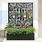 71-Inch Leaf Pattern Privacy Screen with Planter Box in Black Metal