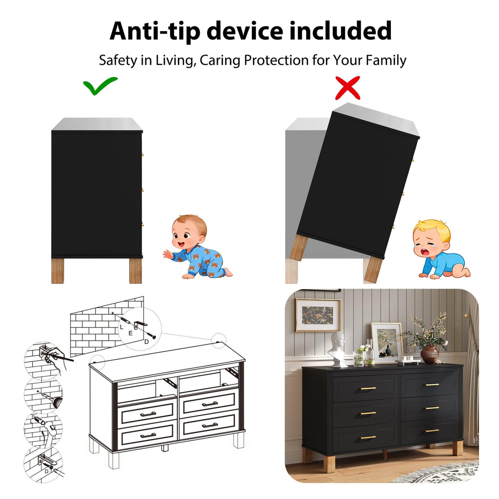 Modern 6-Drawer Dresser with Metal Handles.