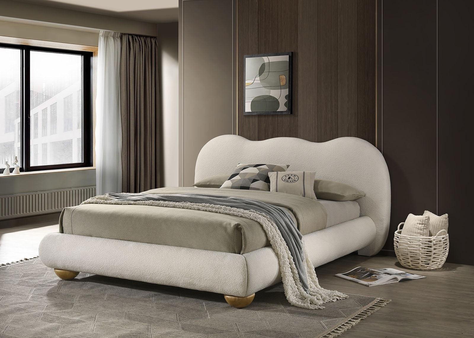King Size Boucle Upholstered Bed with Wood Feet.