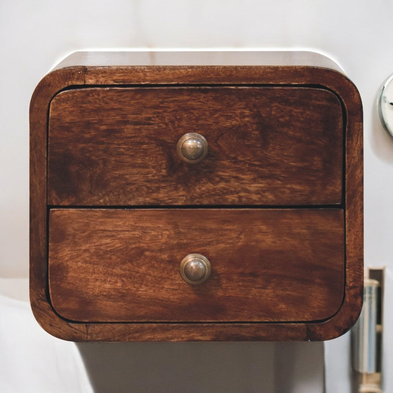 Solid Wood Mini Curved California Walnut Wall-Mounted Bedside, 2-Drawers, Brown