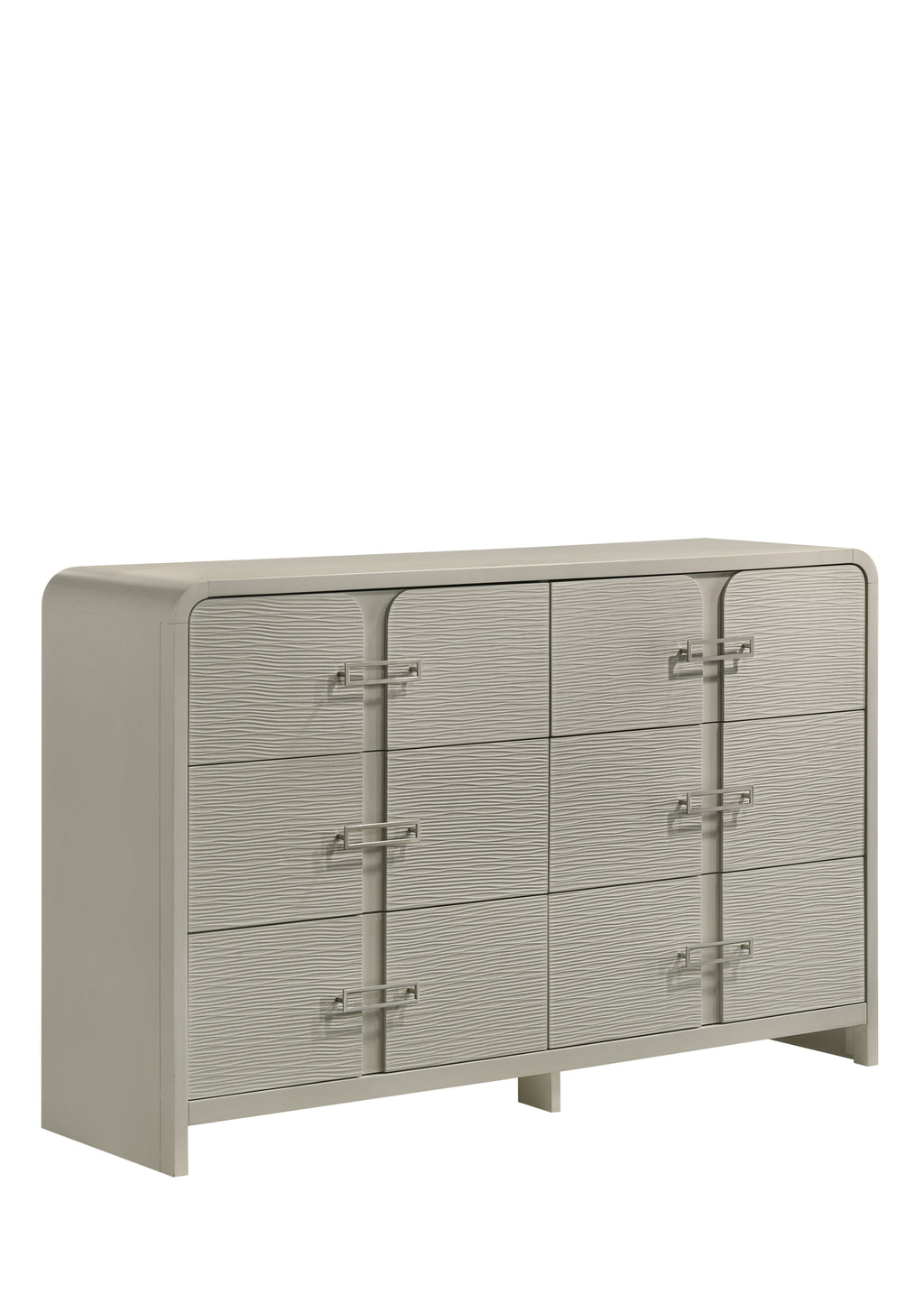 Modern 6-Drawer Dresser with textured fronts and sleek metal handles, ideal for stylish bedroom storage and contemporary interiors.