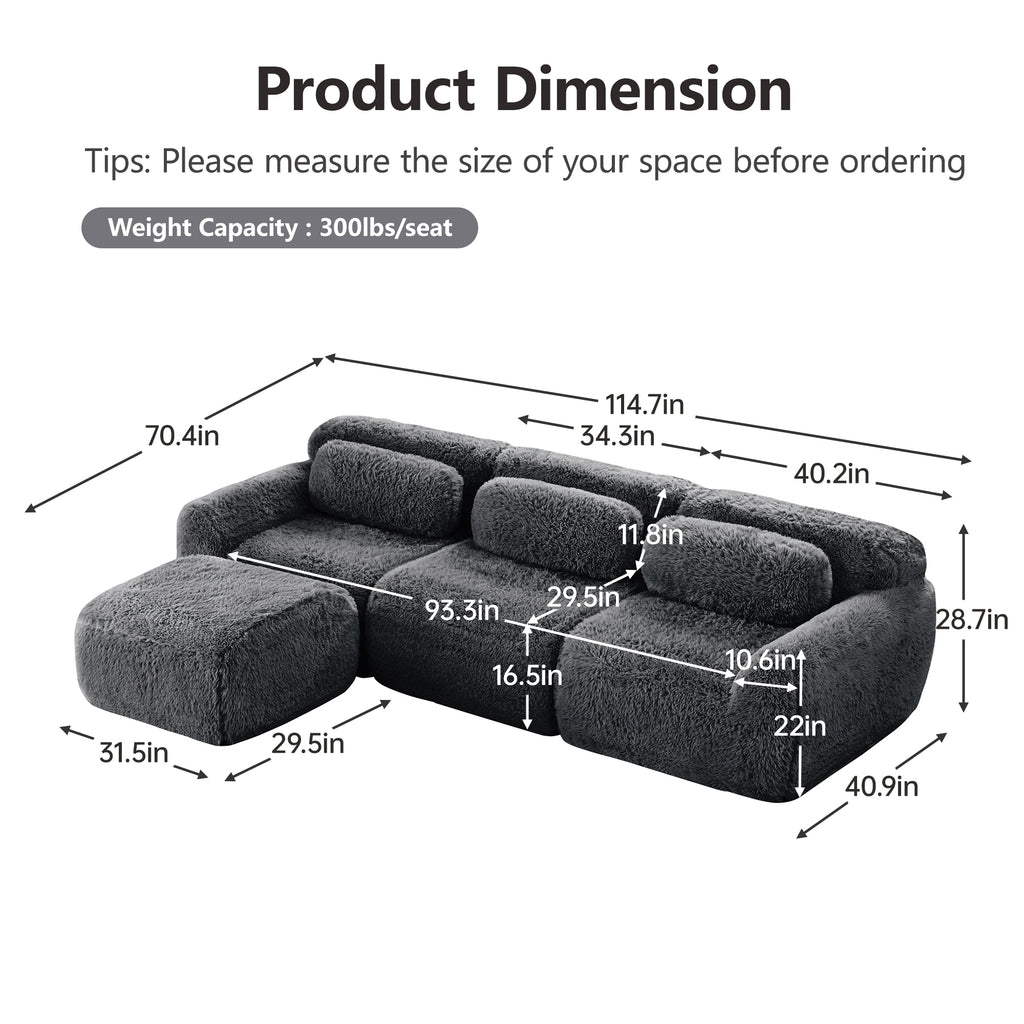 Dark Grey Plush Sofa - L-Shaped, No Assembly | Modular Design with detailed dimensions and ergonomic layout for modern living spaces.
