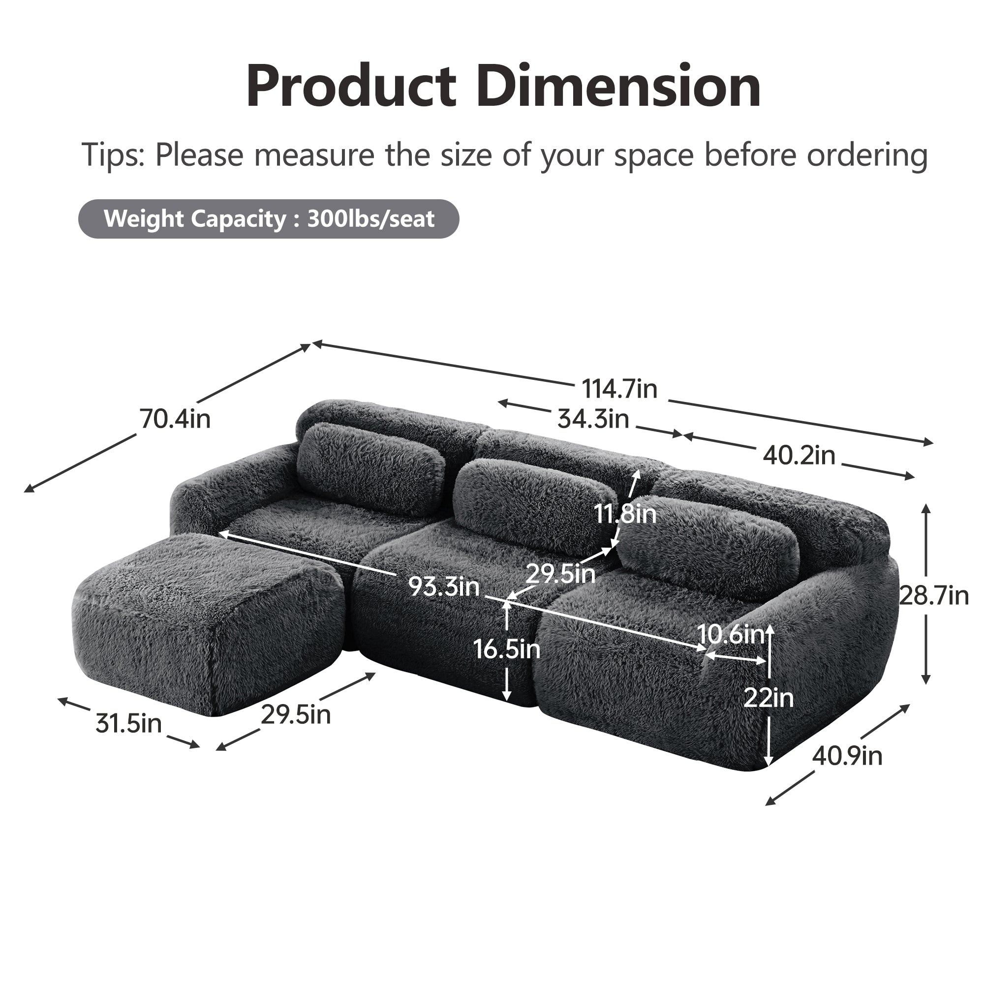 Dark Grey Plush Sofa - L-Shaped, No Assembly | Modular Design with detailed dimensions and ergonomic layout for modern living spaces.