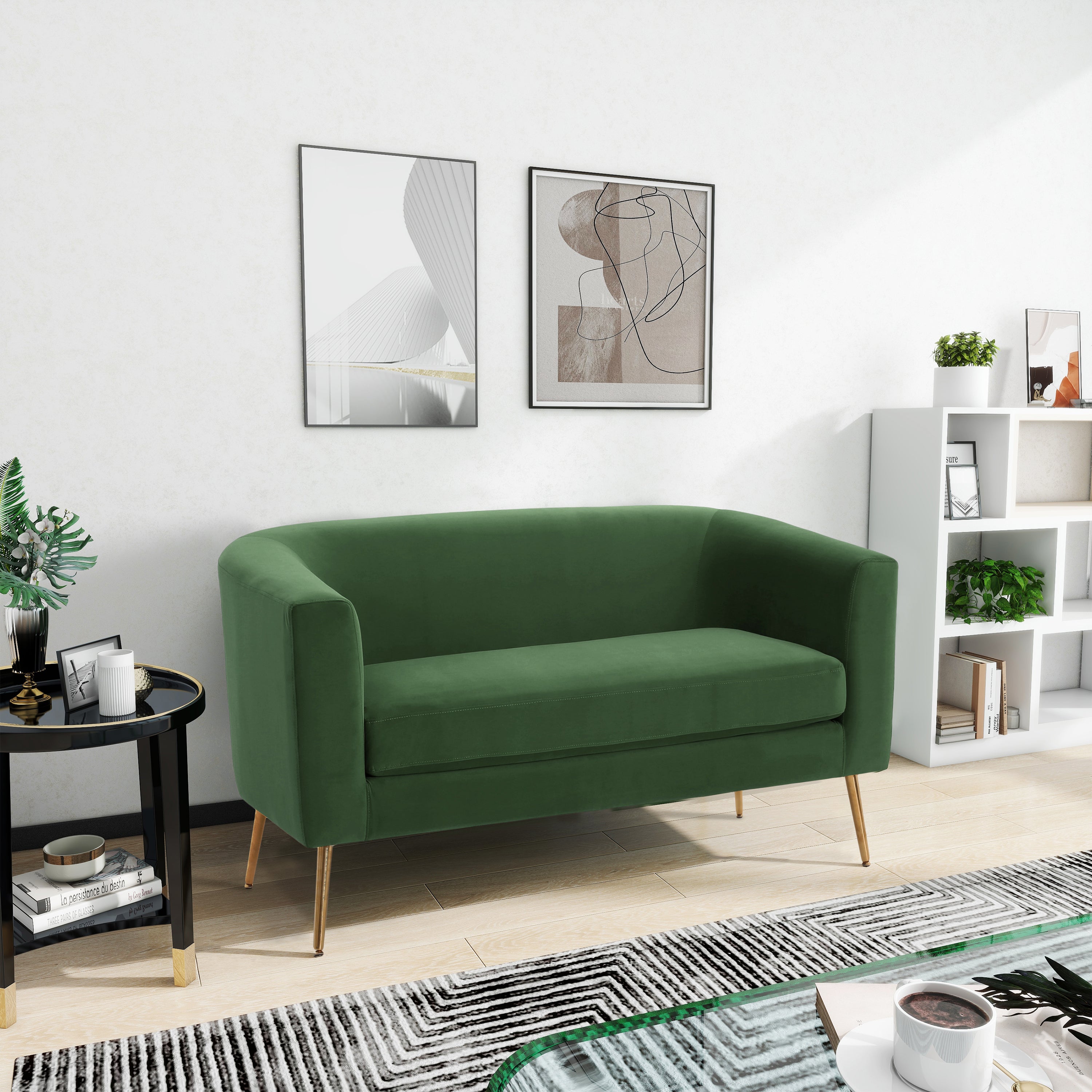 Retro Green Velvet Loveseat - Modern Design placed in a contemporary living room, showcasing its elegant look and compact size.