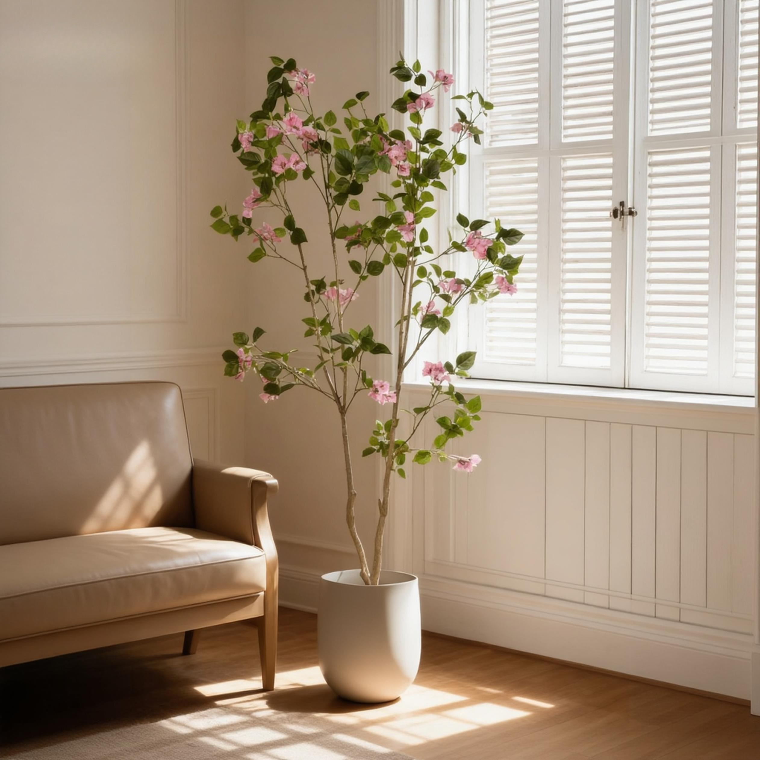 6-foot tall artificial bougainvillea tree with vibrant pink flowers and green leaves in a minimalist white planter.