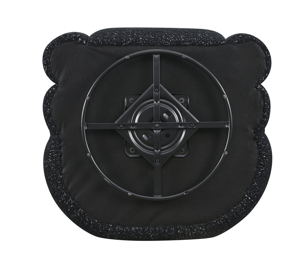 Bottom view of black swivel chair showing 360-degree metal swivel base. Sturdy construction supports smooth rotation.