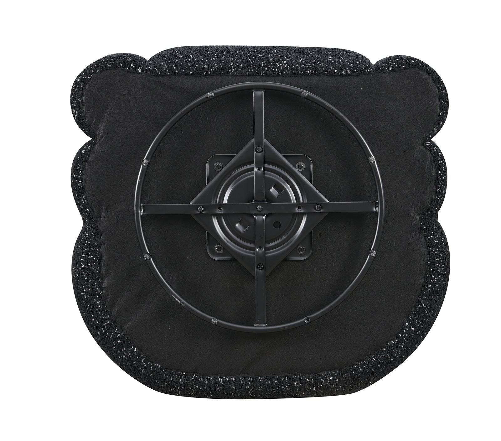 Bottom view of black swivel chair showing 360-degree metal swivel base. Sturdy construction supports smooth rotation.