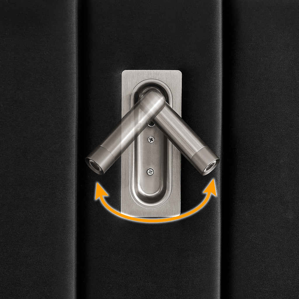 Dual-angle LED reading lights on queen upholstered bed headboard, designed for personalized illumination and comfort.