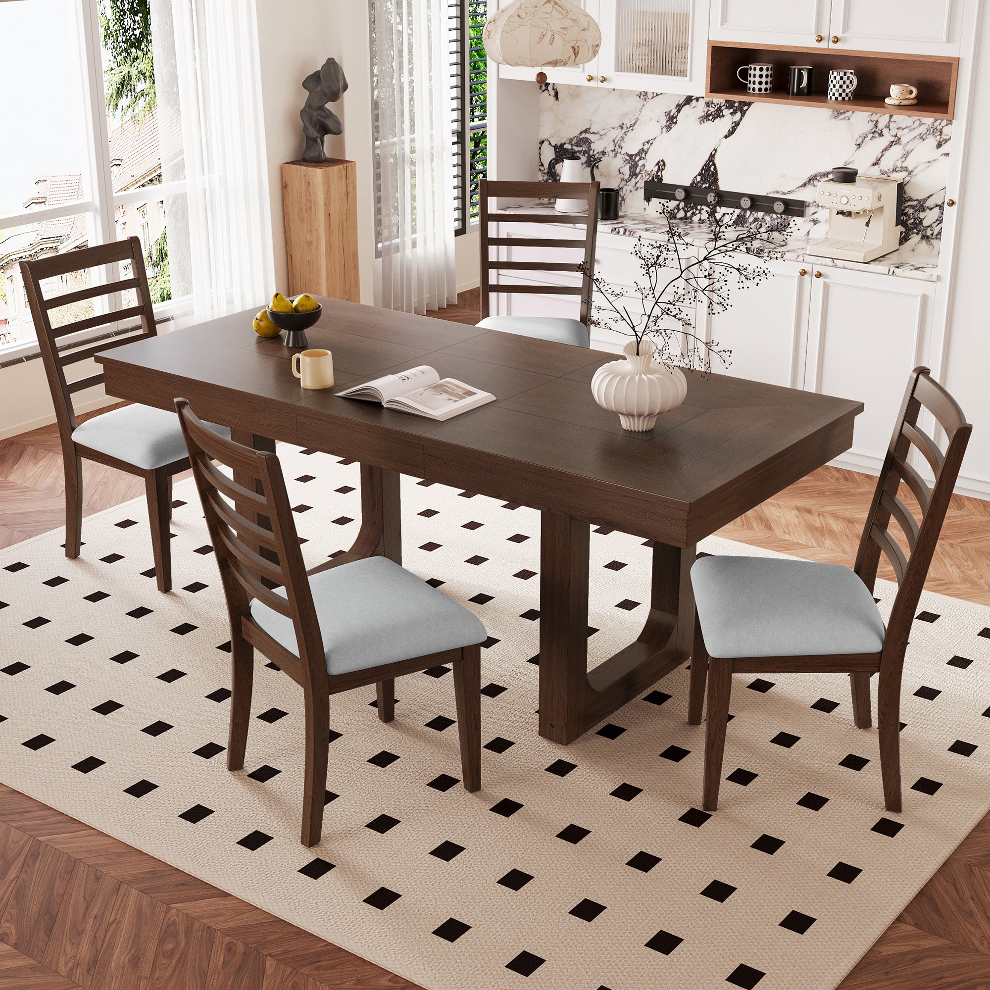 78-Inch Walnut Farmhouse Extendable Dining Table Set with 4 Chairs
