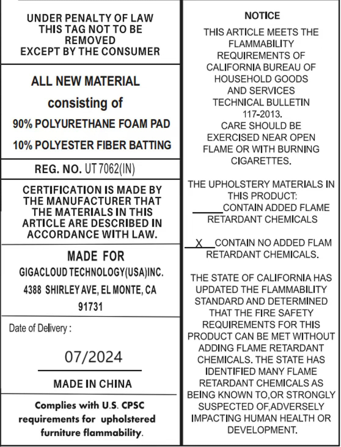 Product label for Modular Chenille Sectional Sofa showing material composition, fire safety compliance, and manufacturing details.