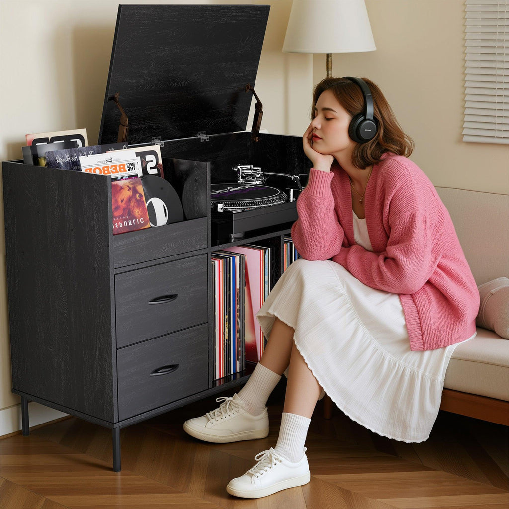 Eco-Friendly Record Player Stand - Black Vinyl Storage Cabinet.