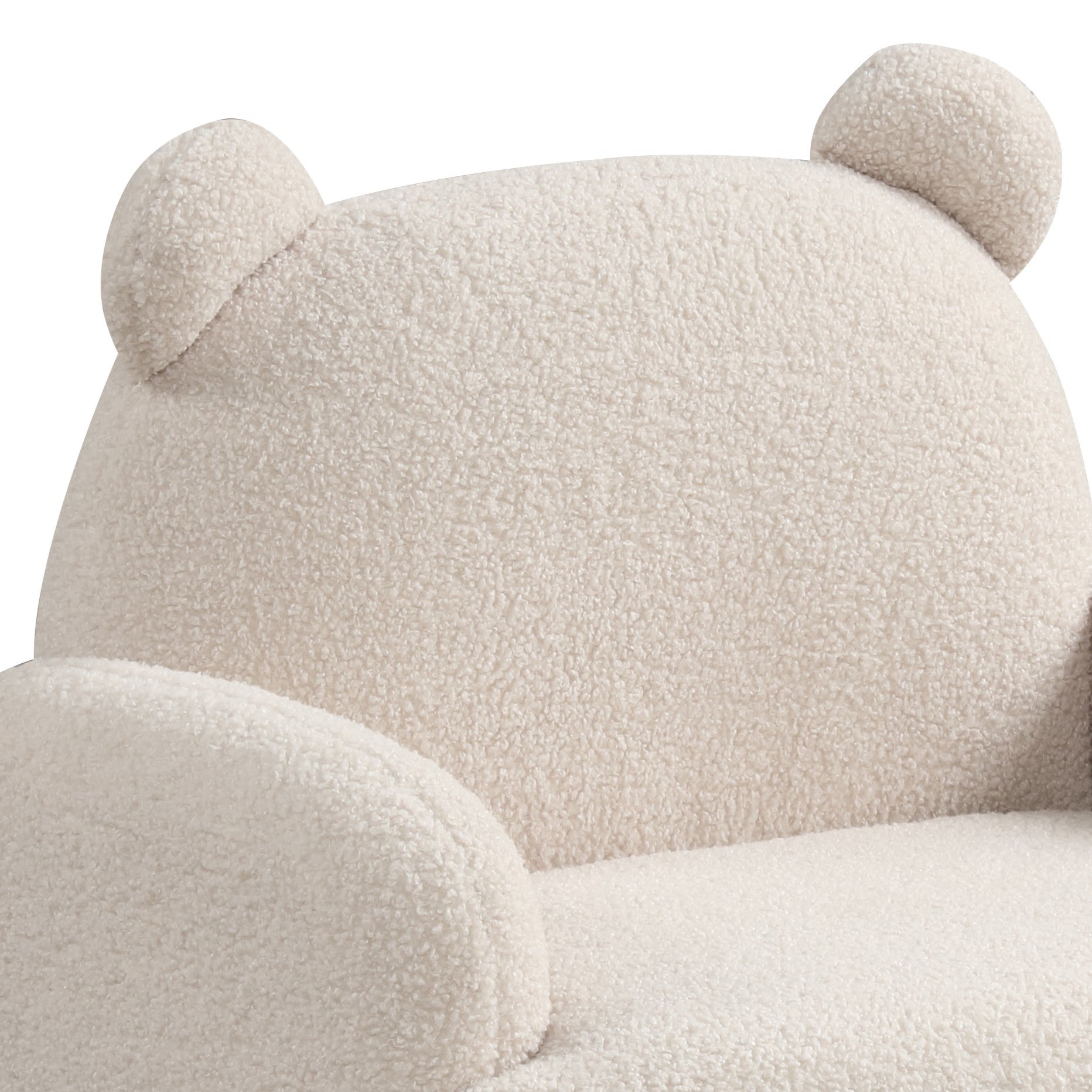 Close-up of Bear Shaped Kids Armchair - Beige Sherpa showing soft bear ear headrest and cozy sherpa fabric texture.