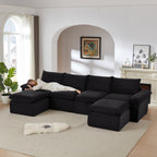 Corduroy Cloud Sofa - Modern Living Room Furniture with plush black cushions, shown with a woman lounging comfortably in a bright home interior.