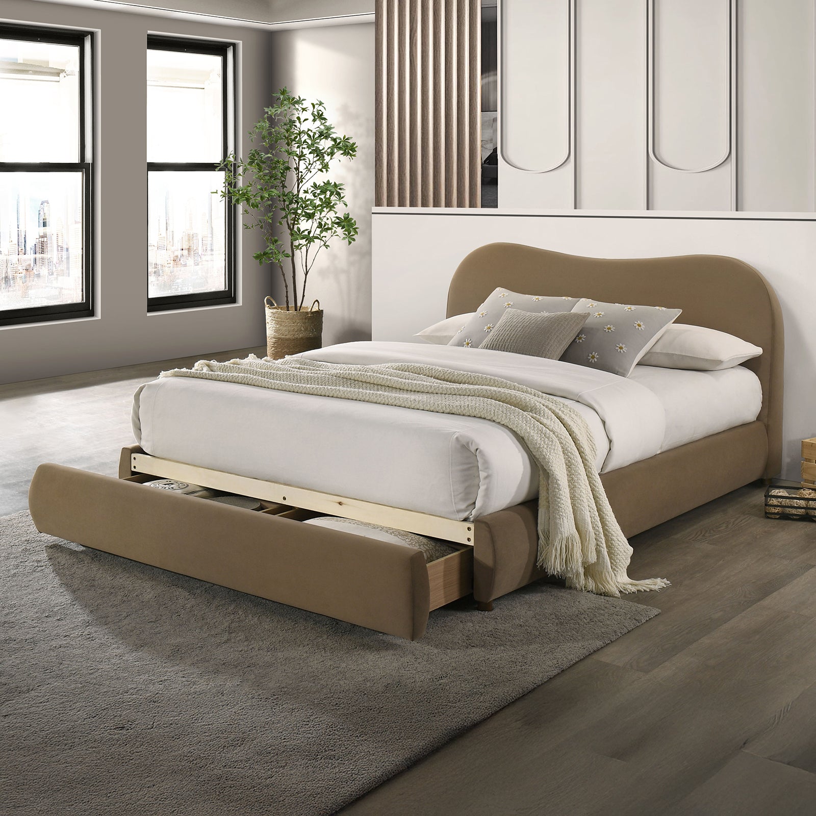 King size bed frame upholstered in beige fabric with curved headboard and pull-out wood storage drawer, ideal for modern bedrooms.