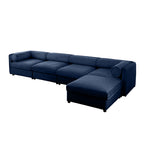 Blue chenille L-shaped modular sectional sofa with deep seats, cylindrical backrests, and armrests.