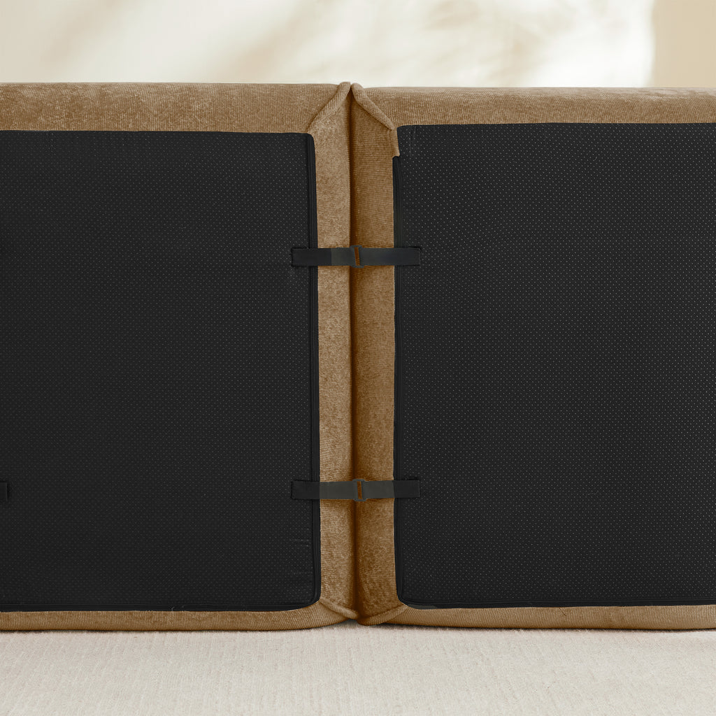 Close-up of Velvet Modular Sectional Sofa connectors, demonstrating easy attachment for no-assembly setup.