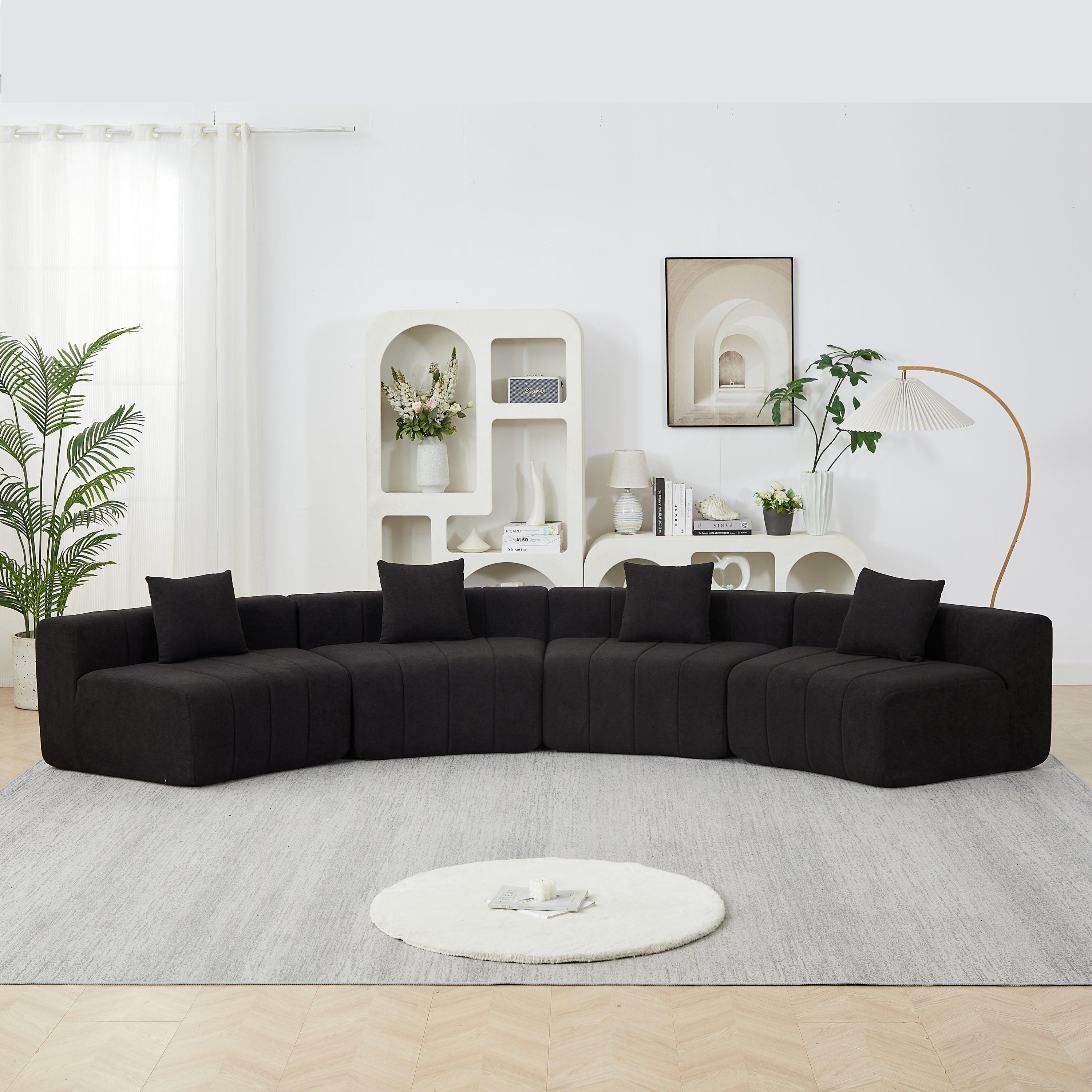 Chenille Curved Sectional Sofa with 4 Pillows for Relaxation.