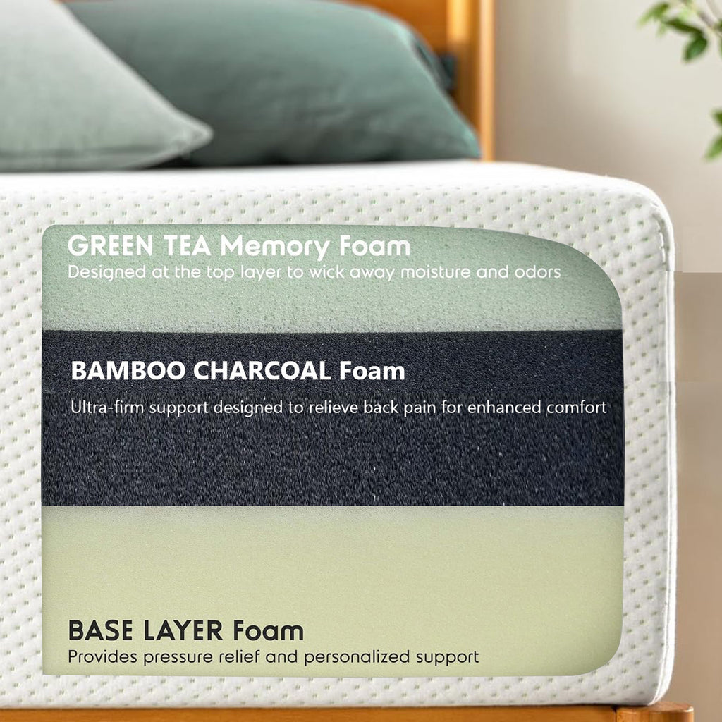 Cross-section of Queen Memory Foam Mattress with green tea, bamboo charcoal, and base foam layers for pressure relief and freshness.