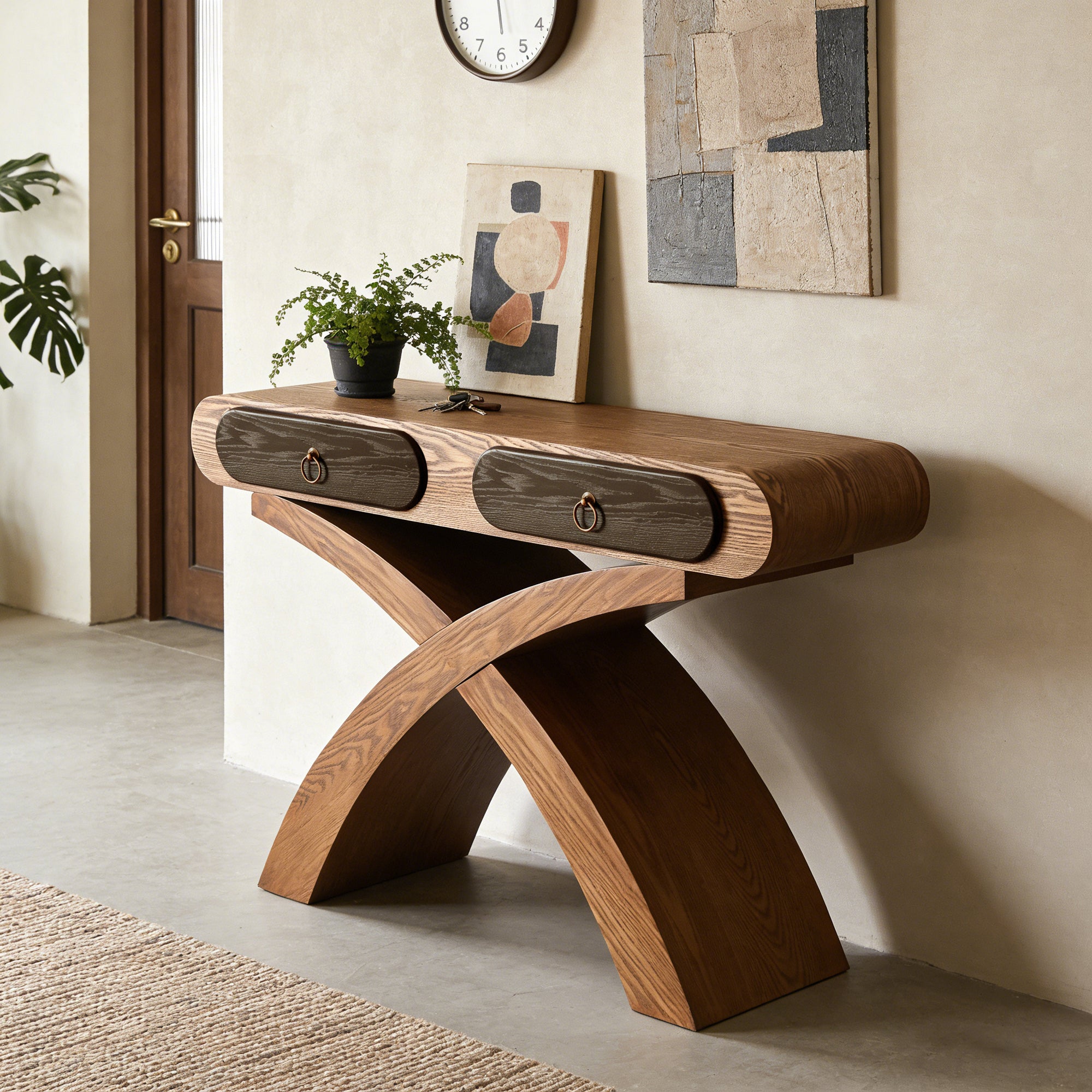 47-Inch Ashwood Veneer Console Table with X-Legs and 2 Drawers