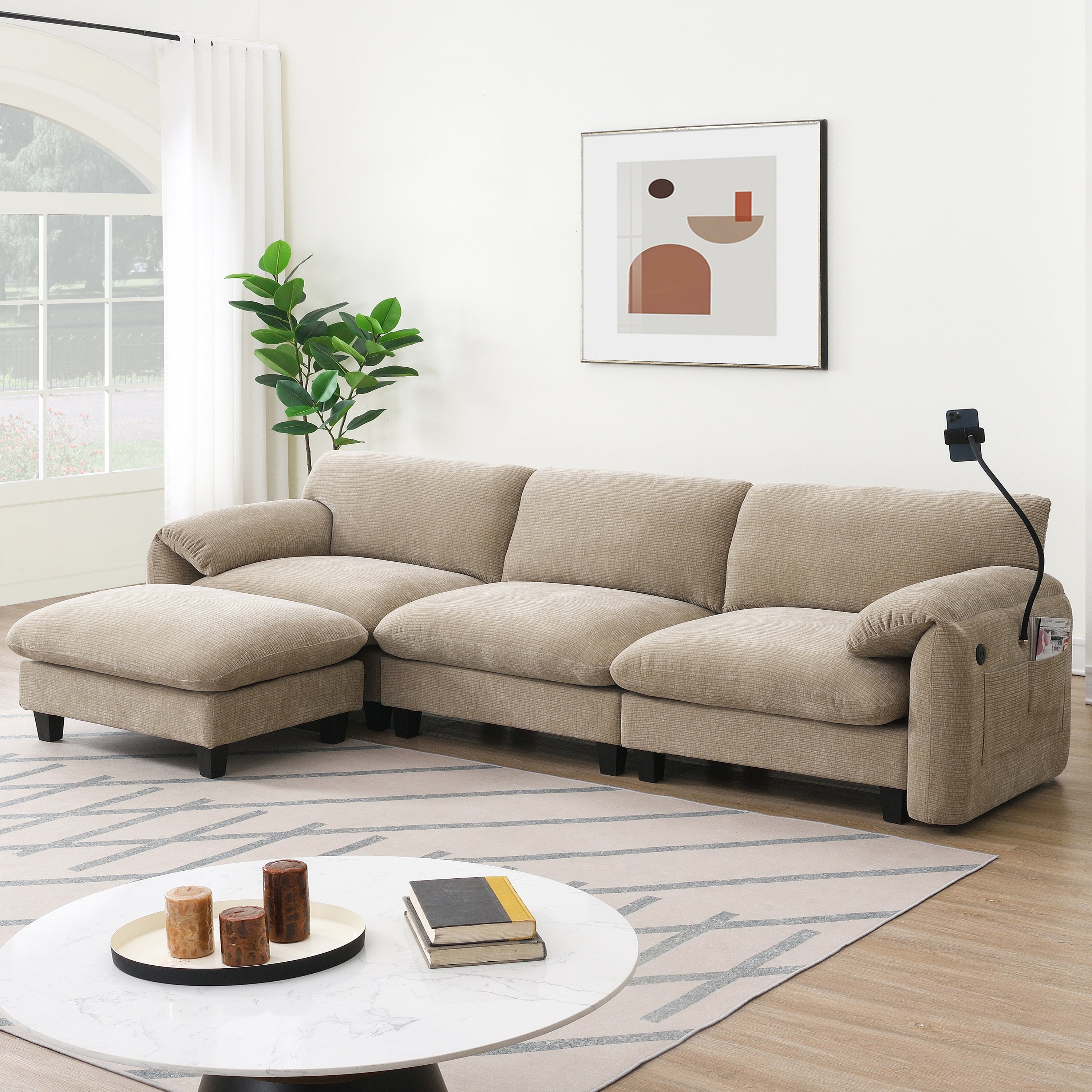 108' Modular Sectional Sofa with Built-in USB Charger