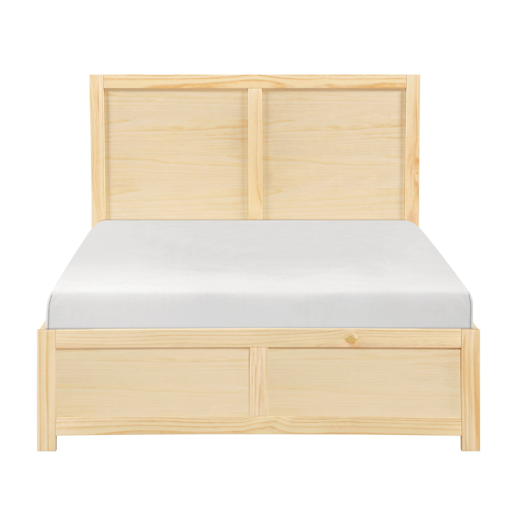 Contemporary full-size platform bed frame in natural pine with a clean-lined headboard and footboard.