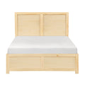 Contemporary full-size platform bed frame in natural pine with a clean-lined headboard and footboard.