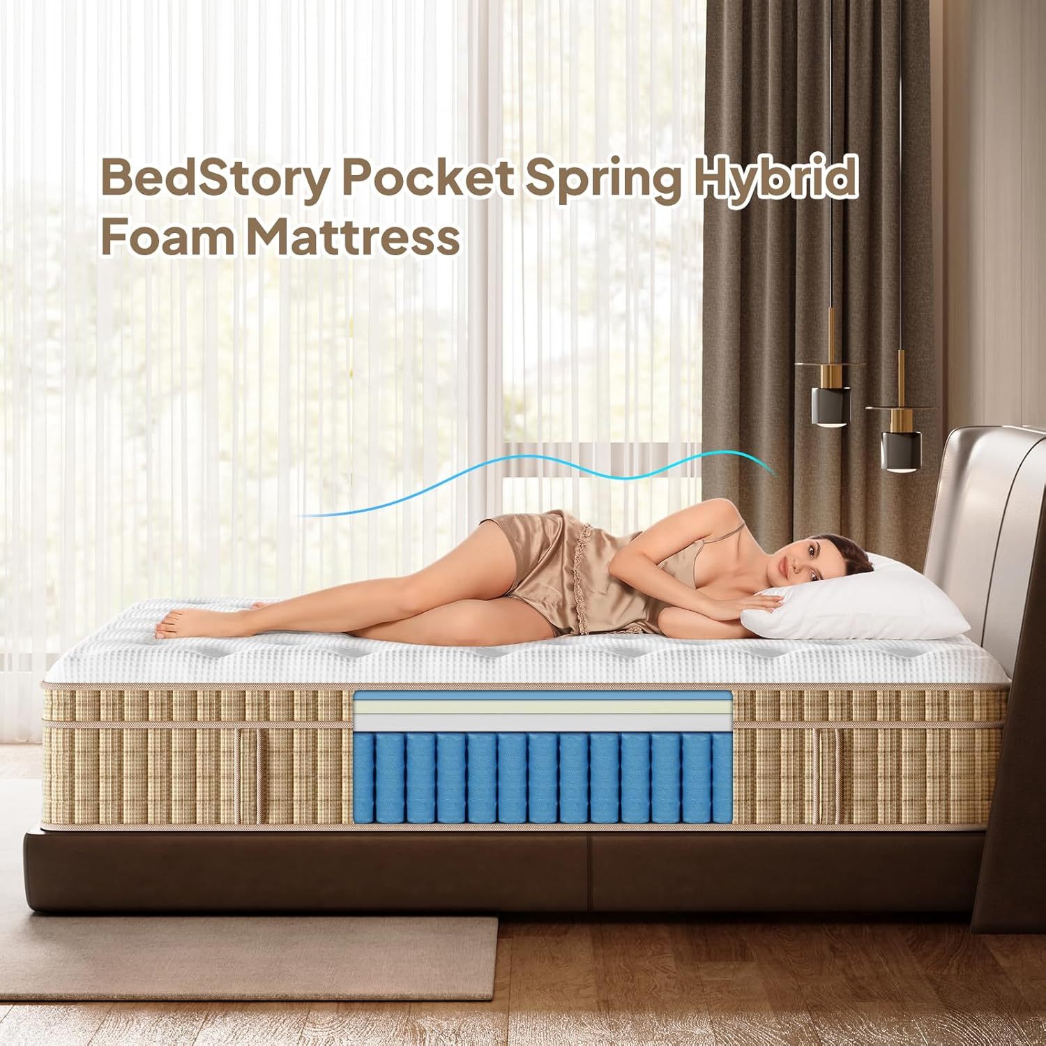 Woman lying on King Gel Memory Foam Hybrid Mattress - 14 Inch, Firm, demonstrating ergonomic support and spinal alignment.