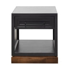 Front view of Nora 22 Inch End Table - Modern Style, Fully Assembled with single drawer and open shelf in black and whiskey finish.