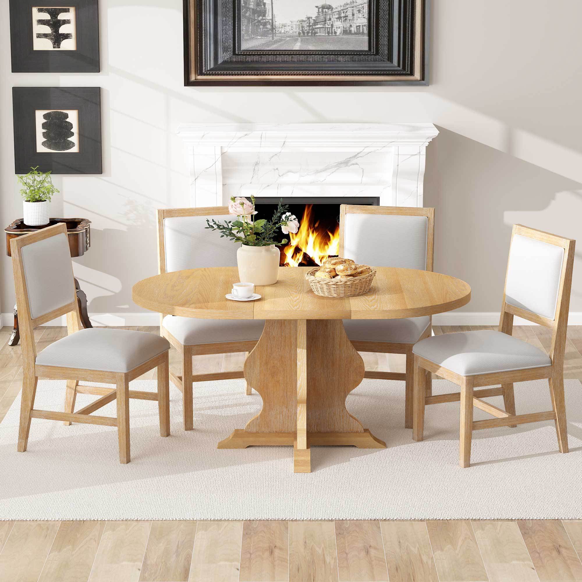 Farmhouse dining table set with upholstered chairs in a cozy room with fireplace, showcasing rustic charm and comfort for elegant dining.