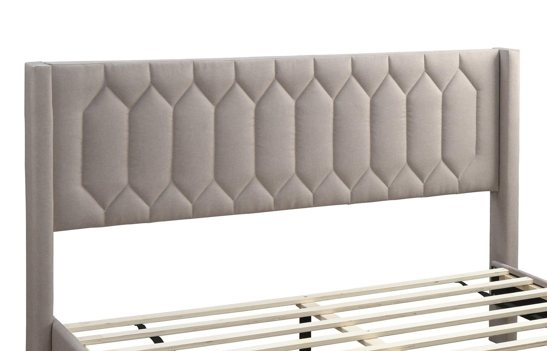 Full Size Burlap Fabric Bed Frame with Diamond Design.