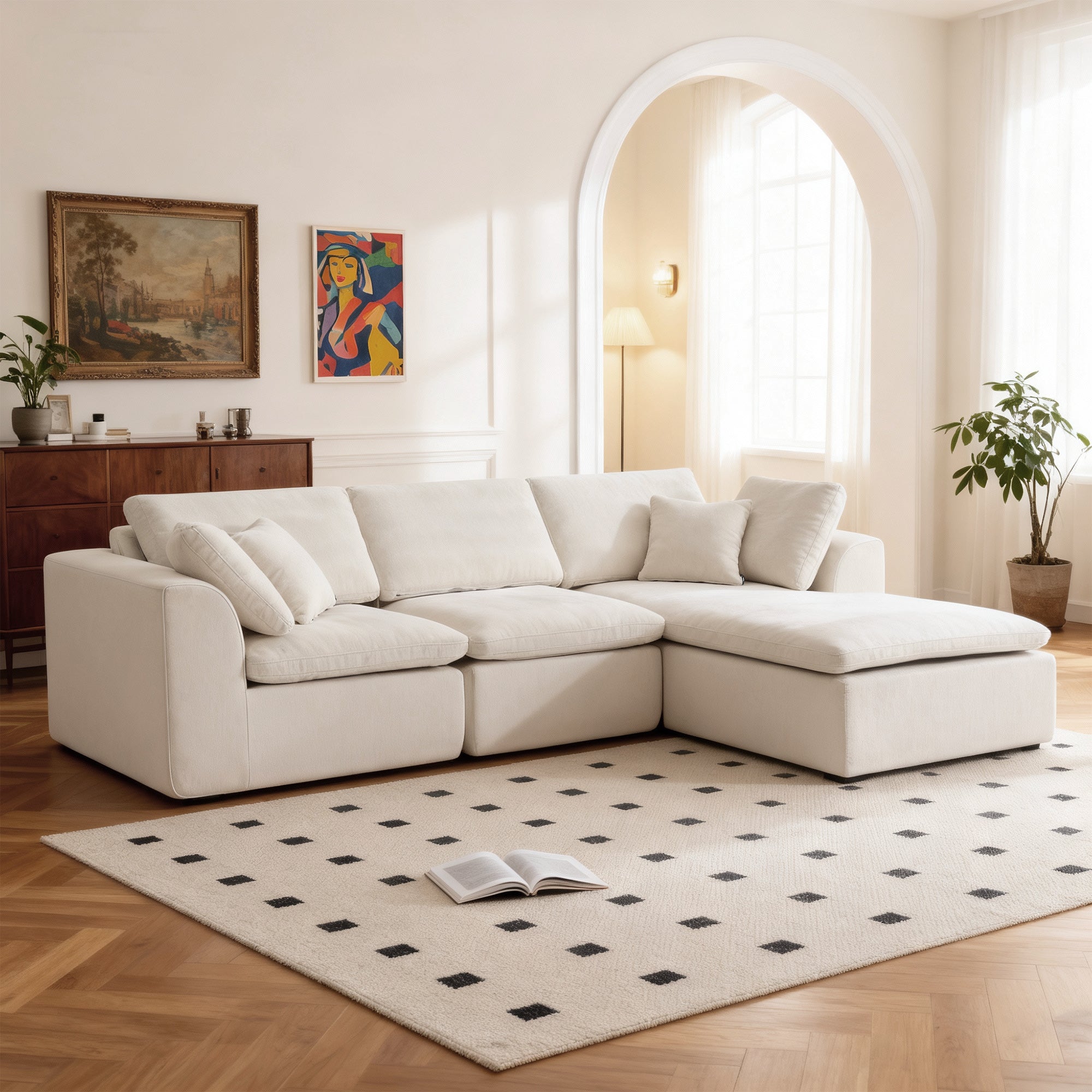 L-Shaped Sectional Sofa - Modern Style with chaise lounge and modular seating, styled in a bright, modern living room.
