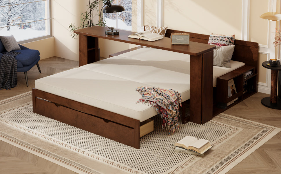 Queen Multifunctional Daybed fully extended into bed mode with desk in use, combining sleep and work space in one unit.