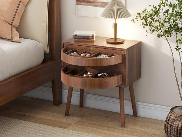 Rotating Hidden Compartment Nightstands - Walnut Rattan Table.